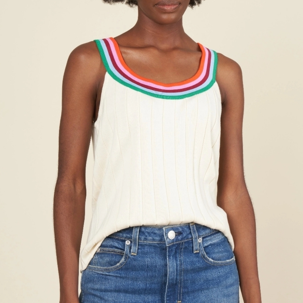 Kule The Reva Cream Ribbed Knit Pullover Sweater Tank Rainbow Strap Stretch XS‎
